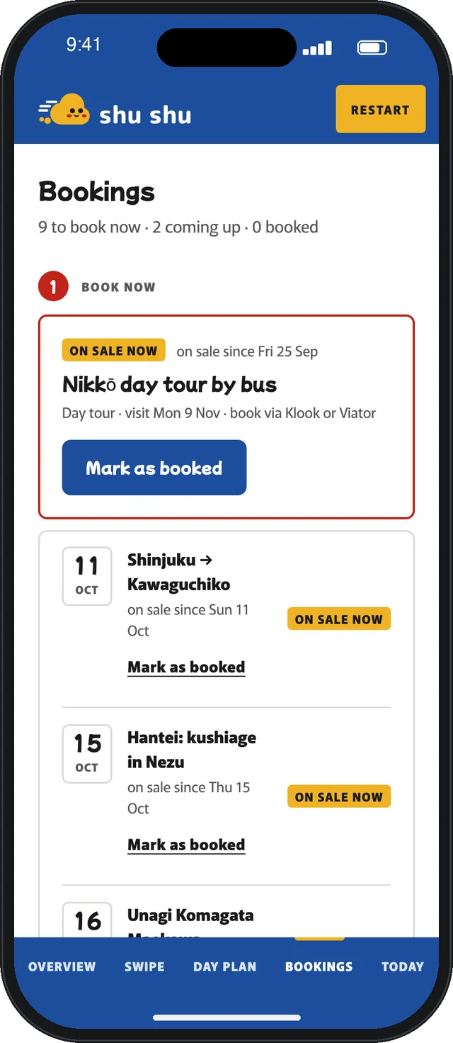 What to book when: each booking with the date it opens in your time and in Japan time, a reference field and a booked checkbox.