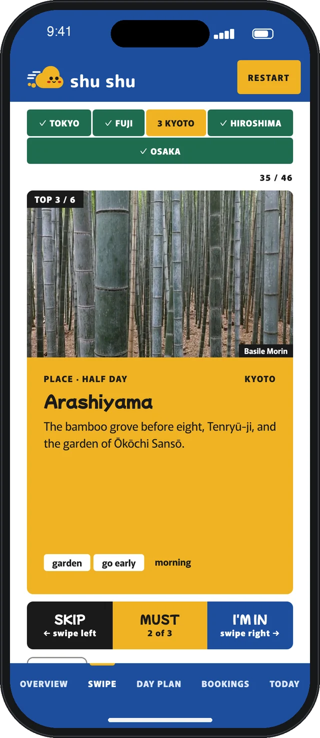 A swipe card for Arashiyama in Kyoto with a photo of the bamboo grove and the buttons Skip, Must and I'm in.