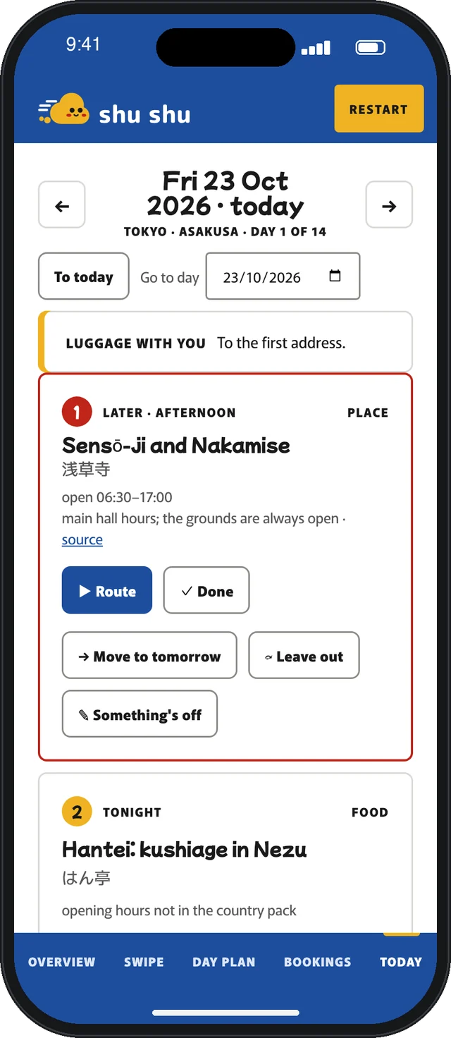 Today: the current day of the trip with what's on now, opening hours, a route button and options to mark it done or move it to tomorrow.